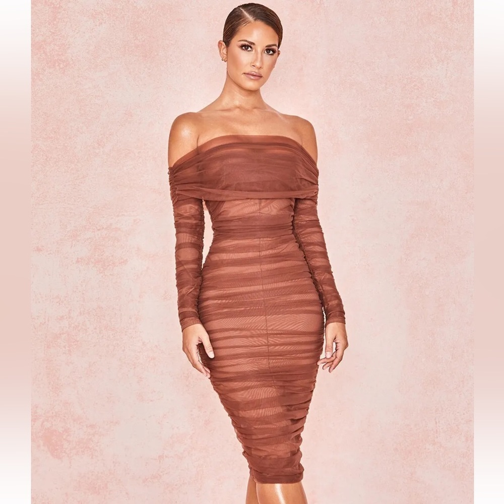 HOUSE OF CB 'Anais 'Chestnut Tulle Off Shoulder Ruched Dress/Size S-US 4-6